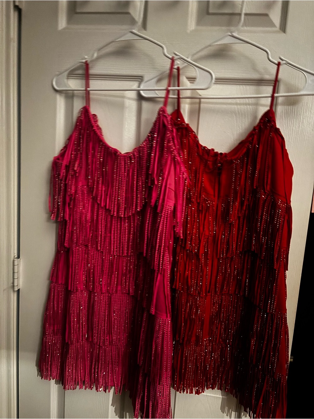 Fringe Sequin Spaghetti Strap Dress - Pink & Red